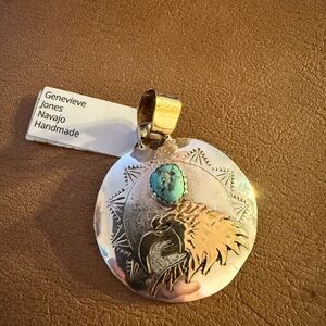 Native American Genevieve Jones Silver & Gold Eagle Pendant w/ Kingman Turquoise